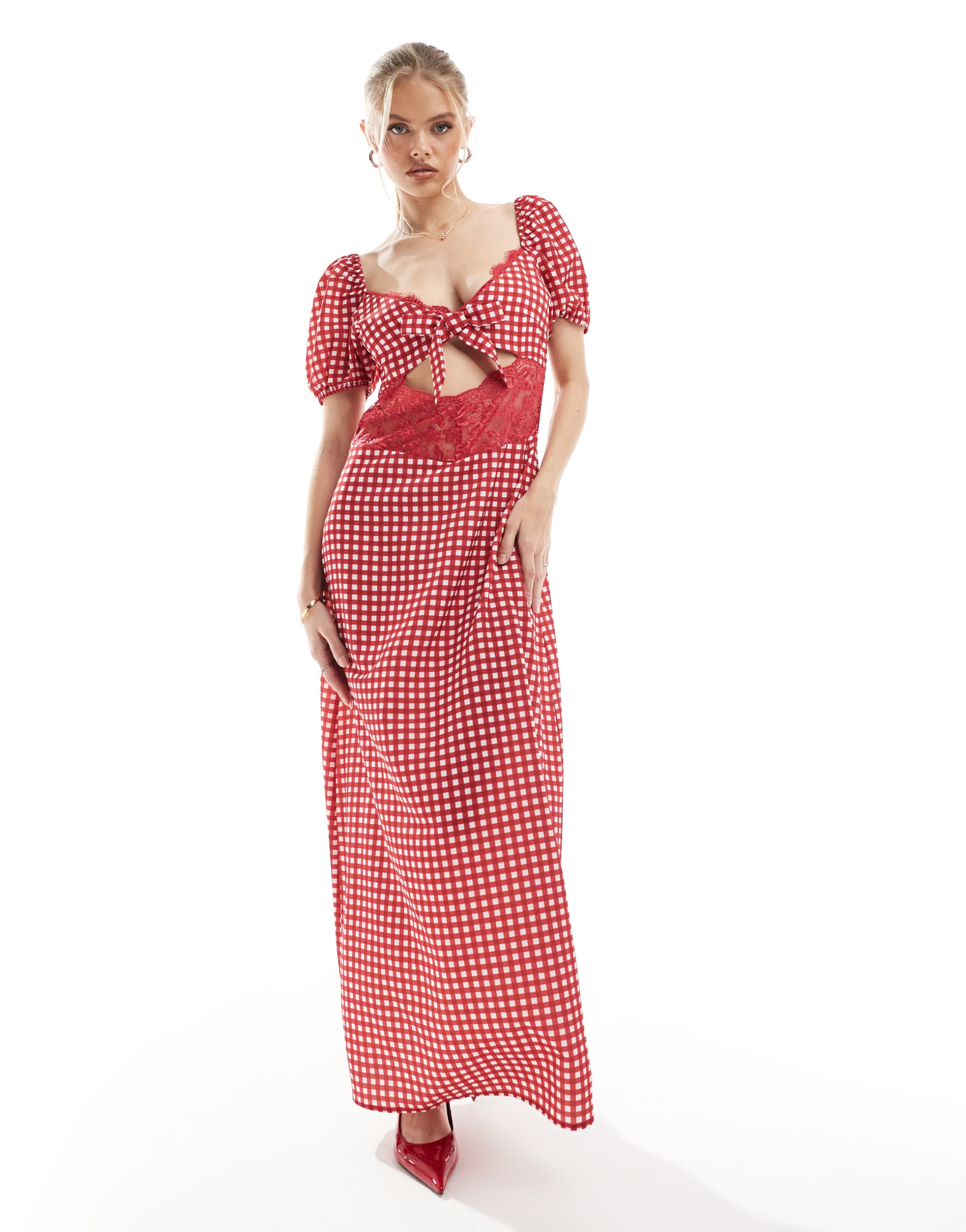 the frolic exclusive lace insert cut out puff sleeve satin maxi dress in red gingham