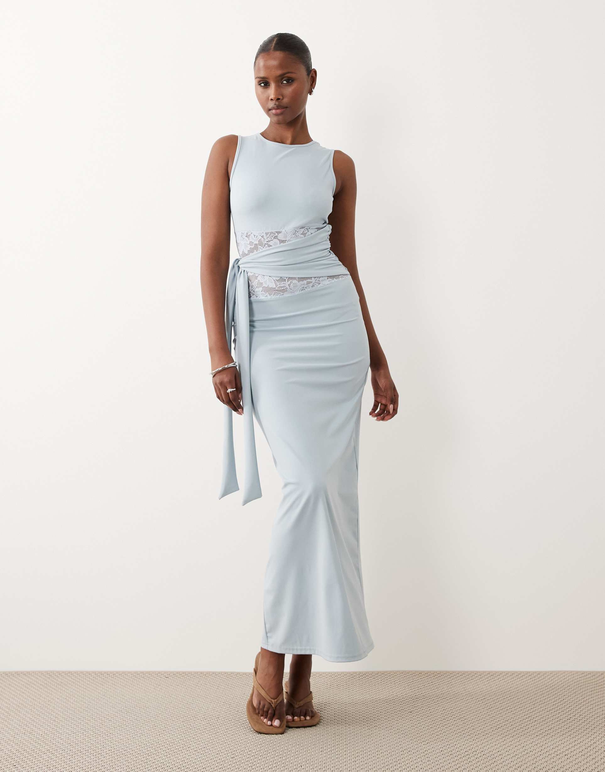 the frolic exclusive lace insert tie detail maxi dress in baby blue