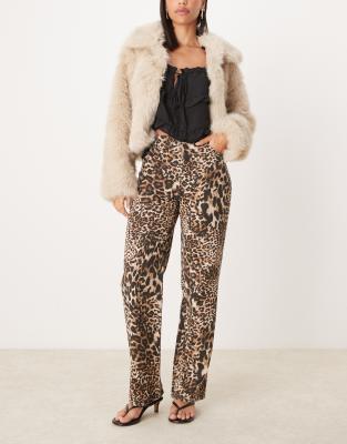 exclusive lace pocket detail straight leg jeans in leopard print-Multi