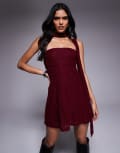 [The Frolic] The Frolic exclusive lace ruched bust detail bandeau flippy hem mini dress with scarf detail in burgundy-Red 12 BURGUNDY
