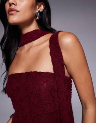 The Frolic Exclusive Lace Ruched Bust Detail Bandeau Flippy Hem Mini Dress With Scarf Detail In Red