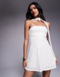[The Frolic] The Frolic exclusive lace ruched bust detail bandeau flippy hem mini dress with scarf detail in cream-White 18 CREAM