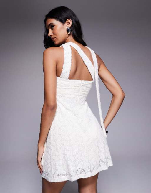chinese dress ladies Cream Eyelash Lace Overlay Mock Neck Mini Dress main image 1