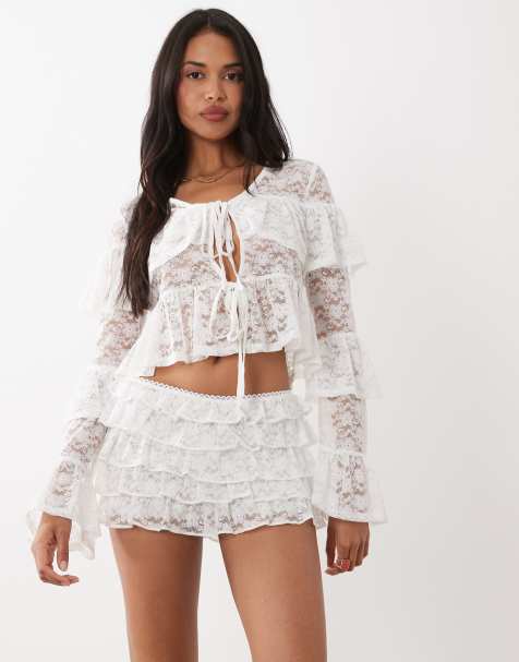 The Frolic exclusive lace tiered ruffle tie front top co-ord in white - view 1