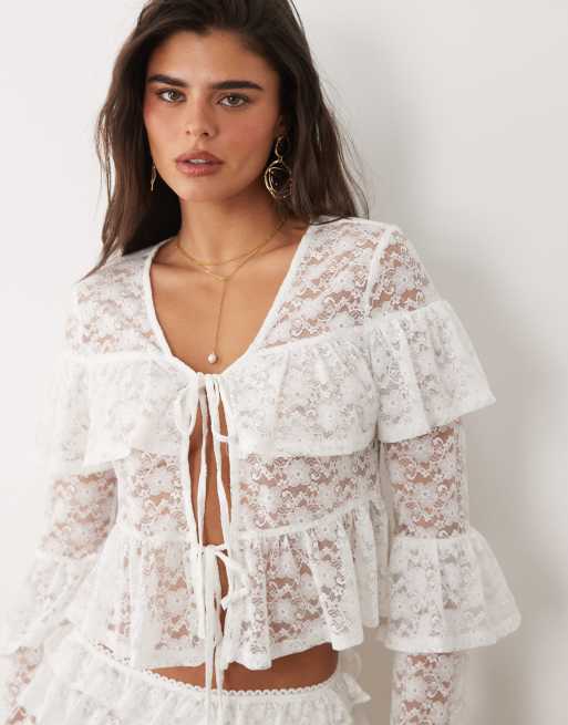 The Frolic exclusive lace tiered ruffle tie front top co-ord in white, 3 of 4