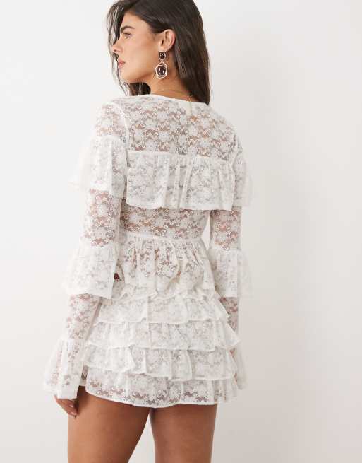 The Frolic exclusive lace tiered ruffle tie front top co-ord in white, 4 of 4
