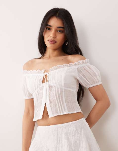 The Frolic exclusive lace trim bardot puff sleeve split front top co-ord in white - view 1