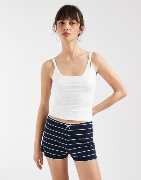 The Frolic exclusive cotton rich lace trim bow detail micro shorts in navy stripe