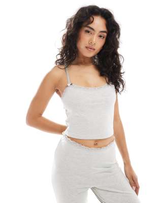 The Frolic exclusive lace trim jersey cami pyjama top and flare bottoms co-ord in grey - view 1
