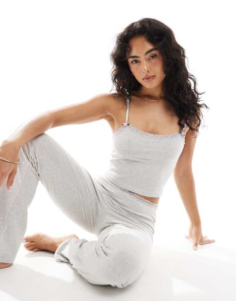 The Frolic exclusive lace trim jersey cami pyjama top co-ord in grey - view 1
