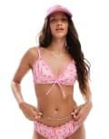 [The Frolic] The Frolic exclusive lace trim satin tie front bralet in pink gingham floral (part of a set) XS PINK GINGHAM FLORAL