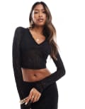 [The Frolic] The Frolic exclusive lace v neck long sleeve top in black (part of a set) 10 BLACK