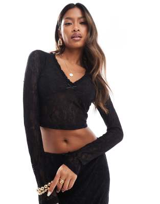 the frolic exclusive lace v neck long sleeve top in black - part of a set