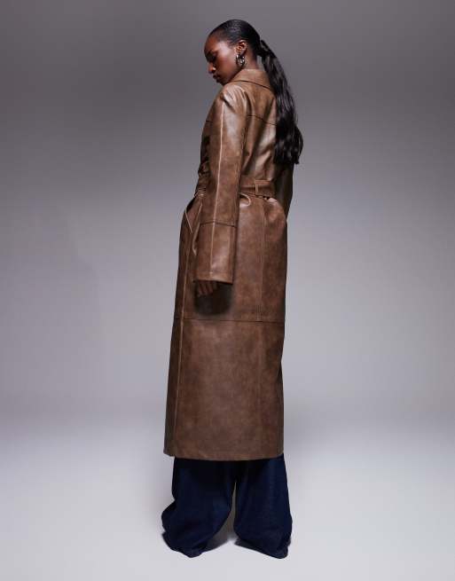 The Frolic exclusive leather look button through belted maxi coat in vintage brown, 2 of 4