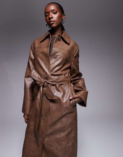 The Frolic exclusive leather look button through belted maxi coat in vintage brown, 3 of 4