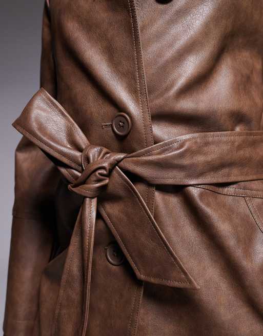 The Frolic exclusive leather look button through belted maxi coat in vintage brown, 4 of 4