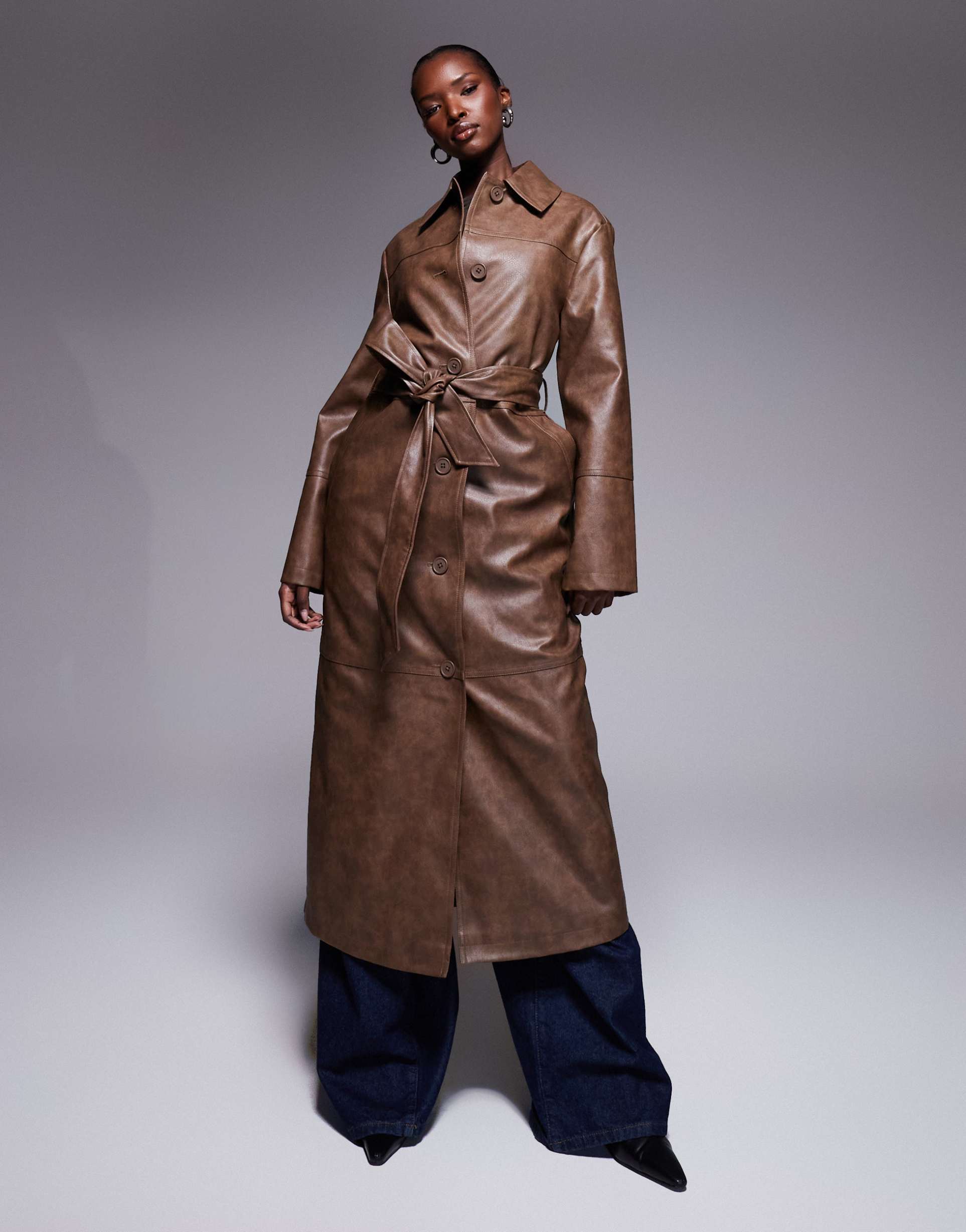 the frolic exclusive leather look button up belted maxi coat in vintage brown