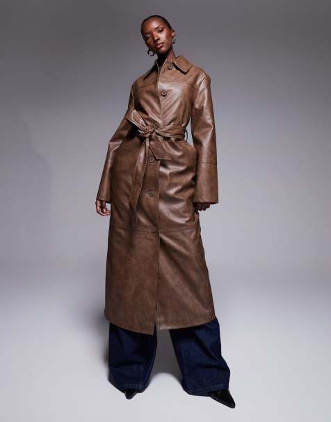 The Frolic Exclusive leather look collared maxi coat in vintage brown - view 1