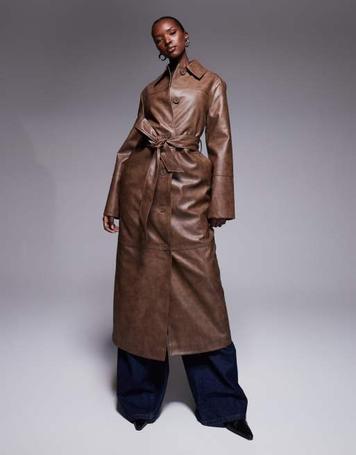 The Frolic Exclusive leather look collared maxi coat in vintage brown