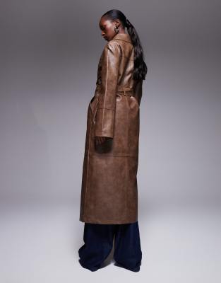 The Frolic Exclusive Leather Look Collared Maxi Coat In Brown