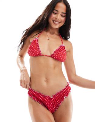 The Frolic exclusive lettuce contrast edge bikini bottom co-ord in red and pink polka dot