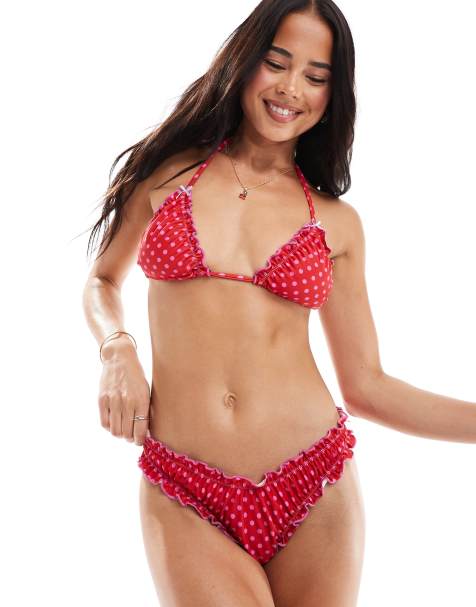 The Frolic exclusive lettuce contrast edge bikini bottom co-ord in red and pink polka dot - view 1