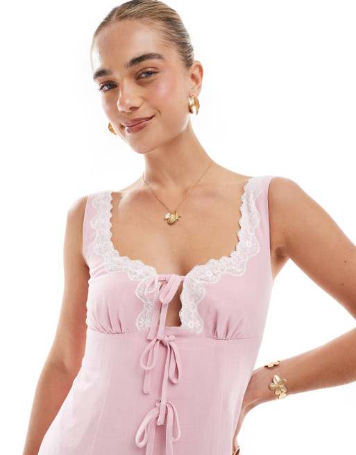 The Frolic exclusive Linen Blend Contrast Lace Trim Tie Front Detail Mini Dress in Pink