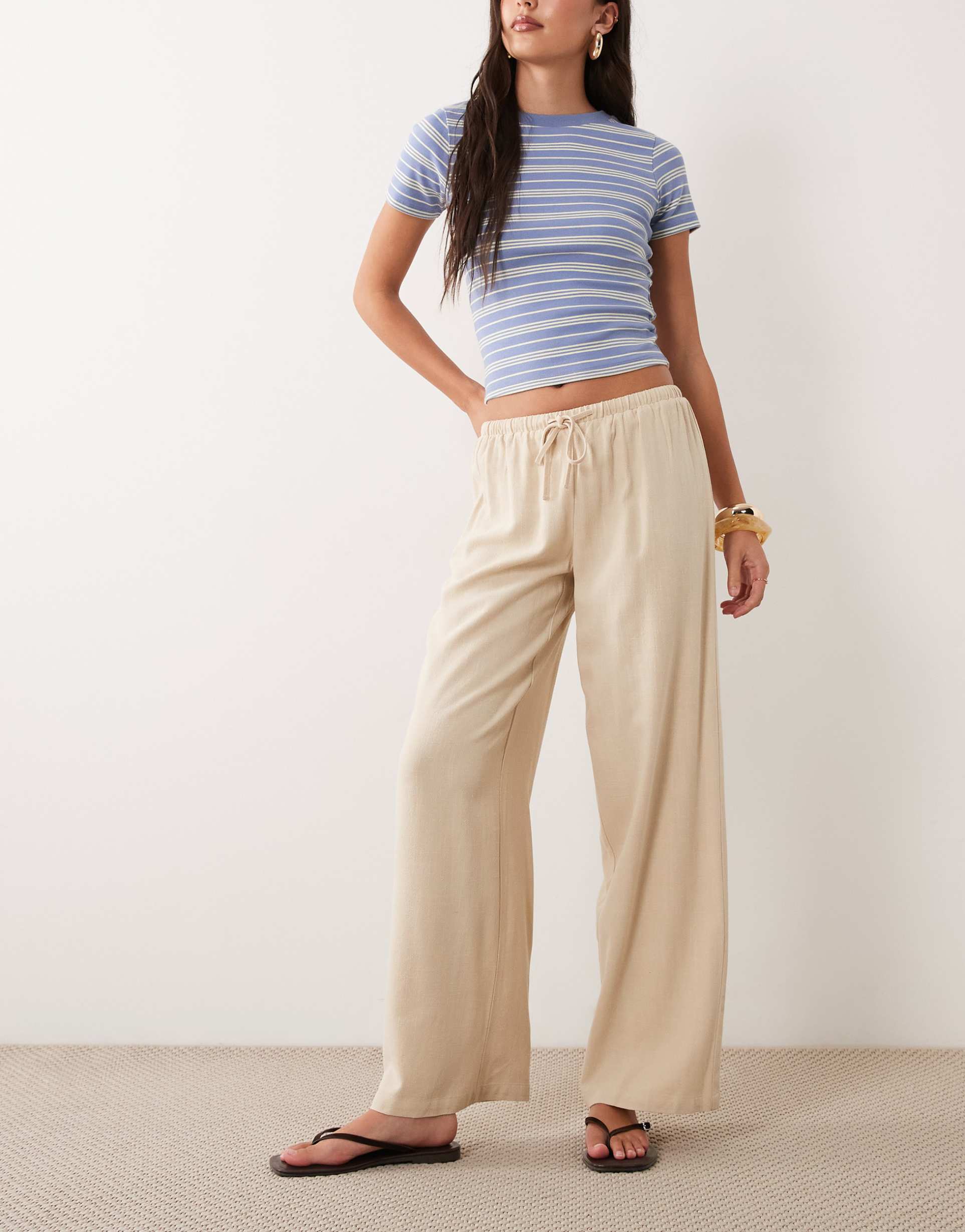 the frolic exclusive linen blend drawstring waist wide leg pants in beige