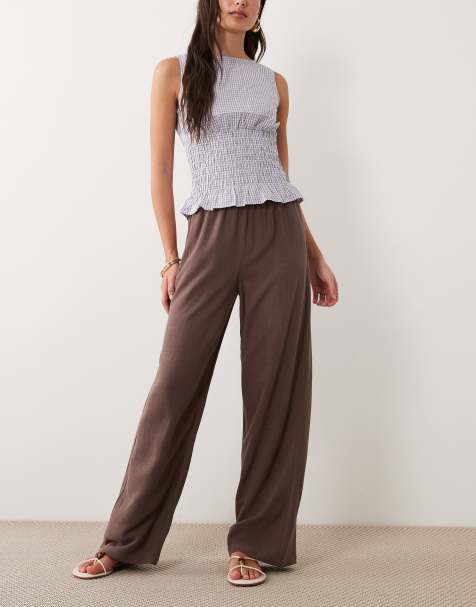 The Frolic exclusive linen blend drawstring waist wide leg trousers in chocolate - view 1