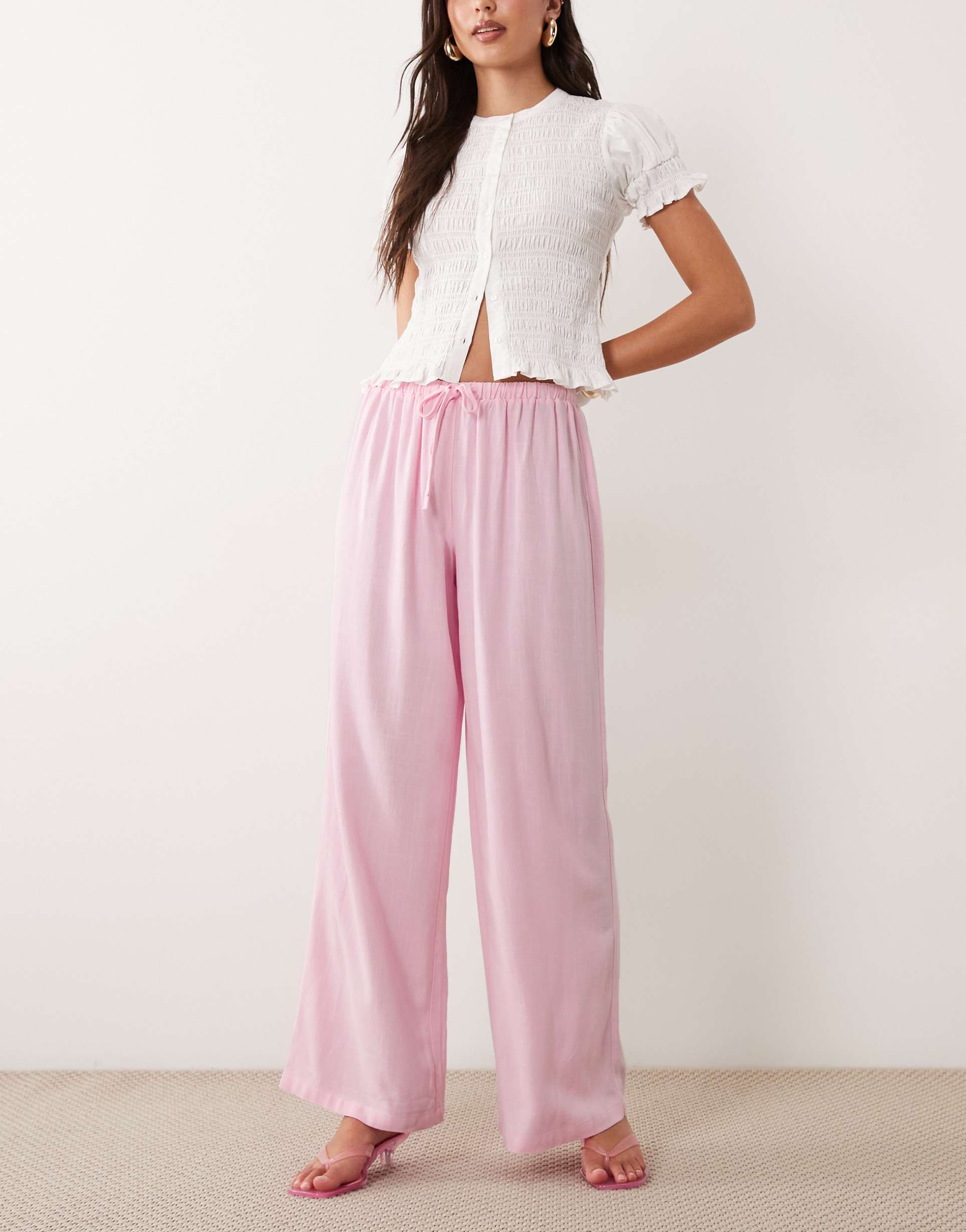 the frolic exclusive linen blend elastic waist wide leg pants in pink