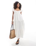 [The Frolic] The Frolic exclusive linen blend frill detail tie back tiered maxi dress in cream-White 6 Cream