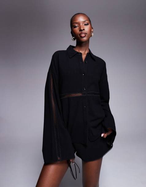 The Frolic exclusive linen blend lace trim button front shirt co-ord in black - view 1