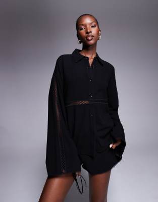 The Frolic Exclusive Linen Blend Lace Trim Button Front Shirt