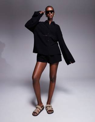 The Frolic Exclusive Linen Blend Lace Trim Button Front Shirt In Black