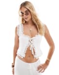 [The Frolic] The Frolic exclusive linen blend lace trim open tie front crop top in white (part of a set) 18 Off white