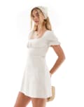 [The Frolic] The Frolic exclusive linen blend square neck lace trim tie back puff sleeve mini dress in stone-Neutral 6 STONE
