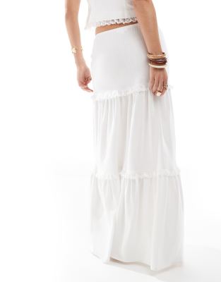 The Frolic Exclusive Linen Blend Tiered Lace Frill Tie Waist Maxi Skirt In White