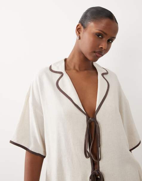 The Frolic exclusive linen feel contrast trim collared tie front beach shirt in cream (part of a set) - view 1