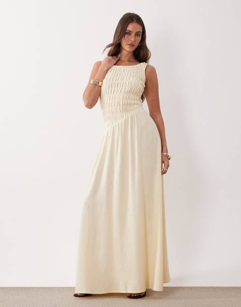 The Frolic exclusive linen feel shirred detail asymmetric waist sleeveless maxi dress in lemon - view 1