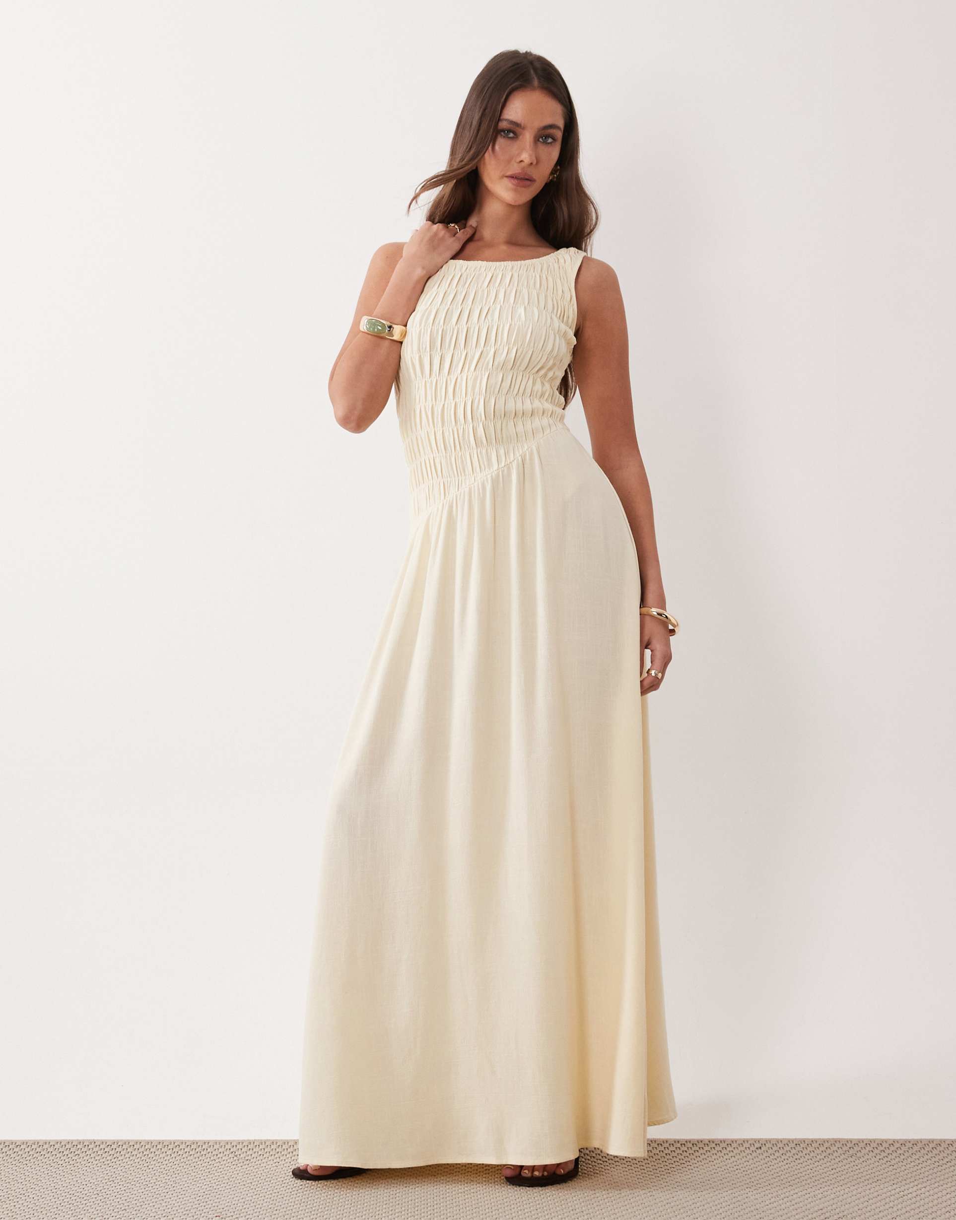 the frolic exclusive linen feel shirred detail asymmetric waist sleeveless maxi dress in lemon