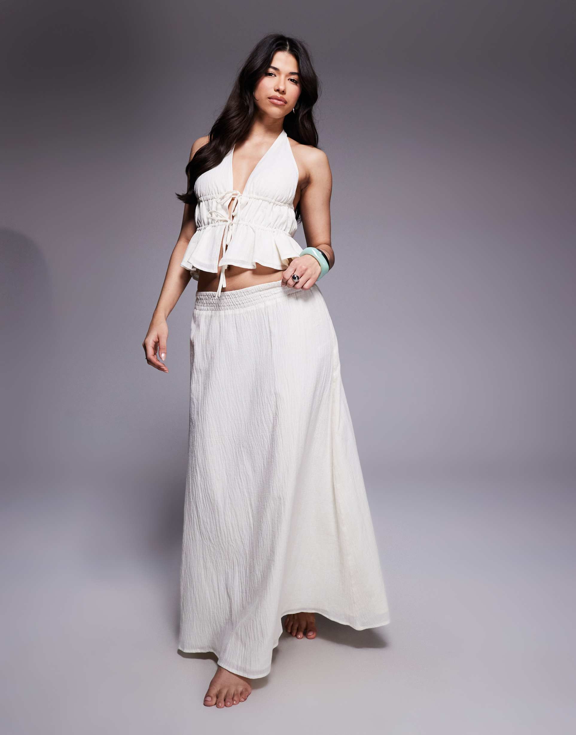 the frolic exclusive linen look crinkle tie waist maxi skirt in cream - part of a set