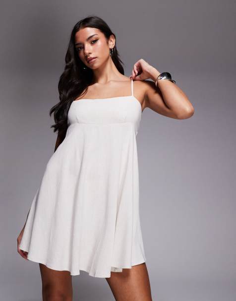 The Frolic exclusive linen look square neck cinched open back detail floaty mini dress in cream - view 1