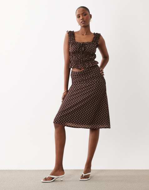 The Frolic exclusive low waist midi skirt co-ord in chocolate polka dot - view 1