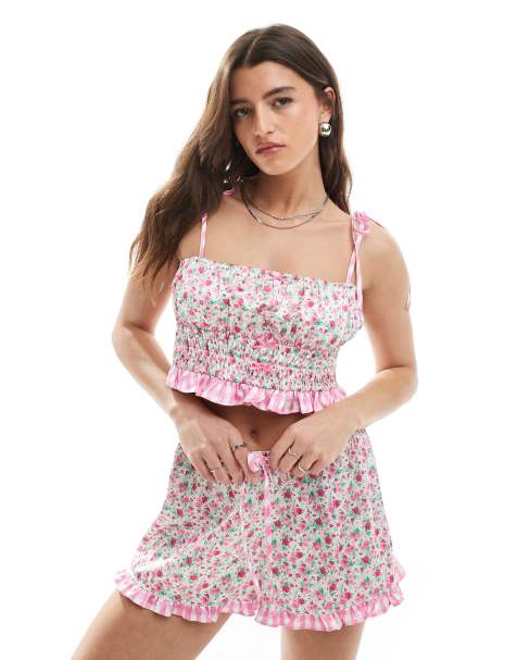 The Frolic exclusive shirred satin contrast gingham ruffle hem cropped pyjama top co-ord in pink floral    