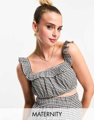 The Frolic Maternity The Frolic exclusive Maternity square neck summer crop top in black and white gingham-Purple