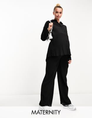 The Frolic exclusive Maternity tourmaline shirred wide long pants in black pleated texture - part of a set