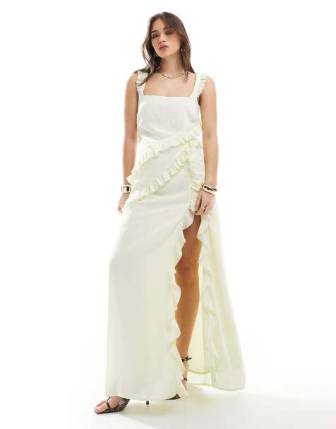 The Frolic - Exclusive - Maxi jurk met ruches, drapering, dijsplit en vierkante hals in vaalgeel - view 1