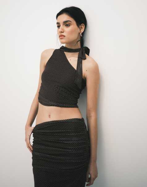 The Frolic exclusive mesh overlay asymmetric shoulder scarf wrap around detail top co-ord in chocolate polka dot - view 1