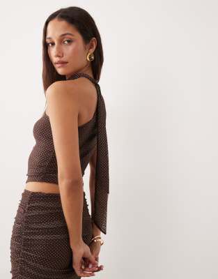 The Frolic Exclusive Mesh Overlay Asymmetric Shoulder Scarf Wrap Around Detail Top In Brown