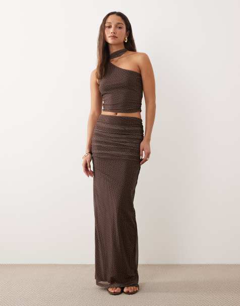 The Frolic exclusive mesh overlay asymmetric shoulder scarf wrap around top and maxi skirt co-ord in chocolate polka dot - view 1